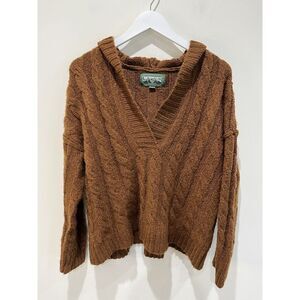 Vtg American Eagle Oversized Cropped Hoodie Brown Cable Knit Sweater Sz S Chunky